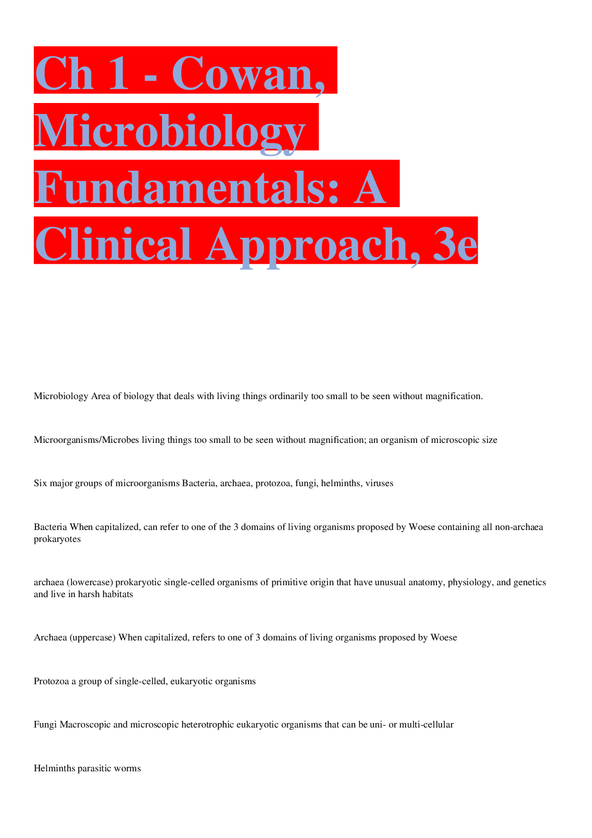 Preview image for Ch 1 - Cowan, Microbiology Fundamentals: A Clinical Approach, 3e